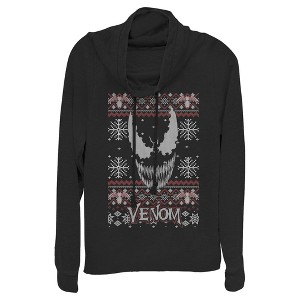 Juniors Womens Marvel Ugly Christmas Venom Face Cowl Neck Sweatshirt - 1 of 3