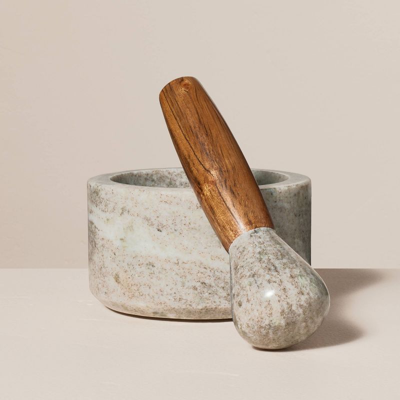 2pc Marble &#38; Wood Mortar and Pestle Set Warm Gray - Hearth &#38; Hand&#8482; with Magnolia, 1 of 7