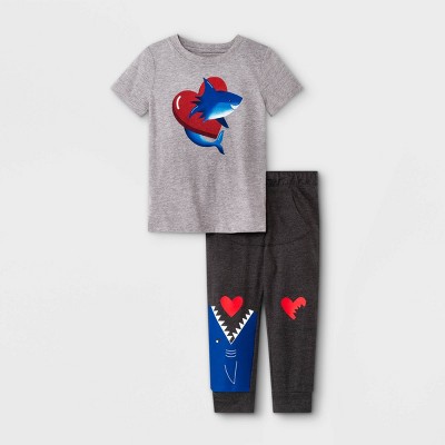 Toddler Boys' 2pc Valentine's Day Shark Graphic Short Sleeve T-Shirt & Fleece Jogger Pants Set - Cat & Jack™ Gray/Black