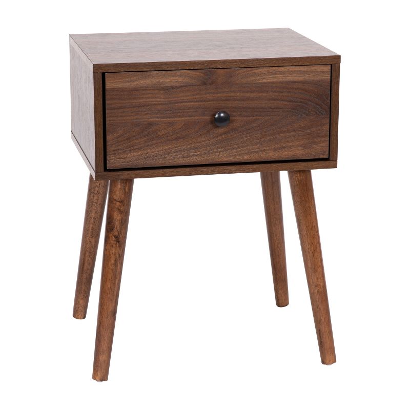 Emma and Oliver Mid-Century Modern Wooden Night Stand with Soft Close Drawer and Sleek Tapered Legs with Protective Floor Glides in Dark Walnut, 1 of 12