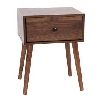 Emma and Oliver Mid-Century Modern Wooden Night Stand with Soft Close Drawer and Sleek Tapered Legs with Protective Floor Glides in Dark Walnut