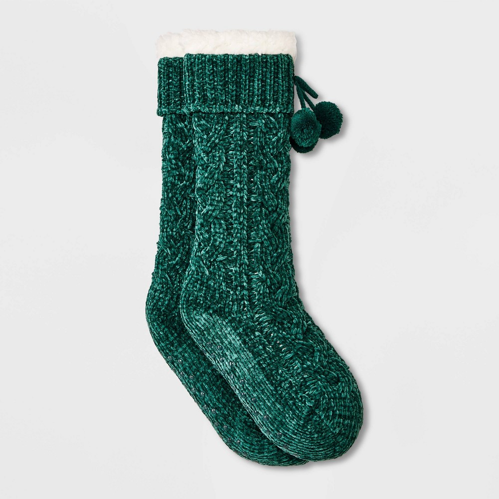 Women's Braided Cable Chenille Faux Shearling Lined Slipper Socks with Poms & Grippers - Dark Green 4-10