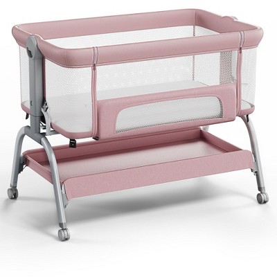 BabyBond Portable Baby Bassinet Crib with Mattress, All-Mesh Beside Sleeper on Wheels 6 Height Adjustable