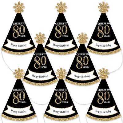 Big Dot of Happiness Adult 80th Birthday - Gold - Mini Cone Birthday Party Hats - Small Little Party Hats - Set of 8