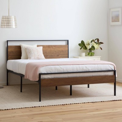 Twin Brown Wood and Metal Platform Bed with Headboard