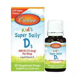 Carlson - Kid's Super Daily D3, Vitamin D Drops, 600 IU (50 mcg) per Drop, Vegetarian, Unflavored, 90 Drops