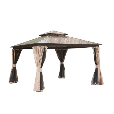 VisioGear Canopies and Gazebos, Outdoor Gazebos with Double Roof, Gazebo Pavilion with Curtain and Net for Garden, Brown, 142.9”*142.9"*114.17"