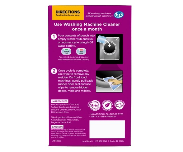 Lemi Shine Natural Citrus Extracts Washing Machine Cleaner Pouches - 4 ct + 4 Machine Wipes