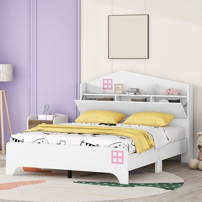 House Platform Bed, Full/Twin Size Bed Frame, Wood Platform Bed With Storage Headboard For Kids