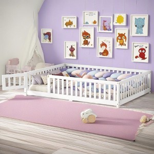 ROOMTEC  Montessori Floor Bed with Door & Safety Fence, Wood-Kids Floor Beds Frame, Solid Wooden Kid Toddler Bedframe, Floor-Bed-Frame for Bedroom - 1 of 4