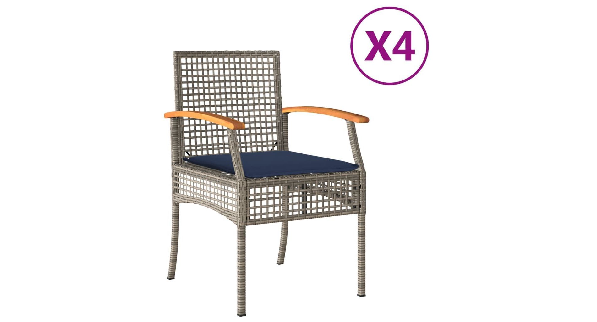 vidaXL Patio Chairs with Cushions Outdoor 4 Pcs Gray Poly Rattan Acacia Wood