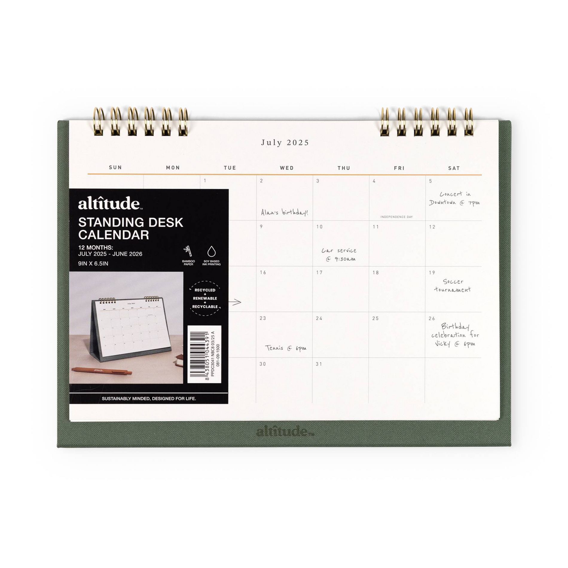 Altitude Supplies 9"x6.5" Monthly Standing Desk Calendar, July 2025 to June 2026, Dark Sage