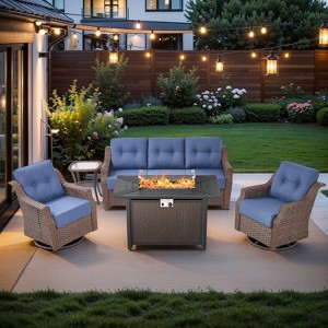 Buenhomino 5 Piece Outdoor Patio Furniture Set with 50000 BTU Propane Fire Pit Table, Deep Seating Wicker Swivel Rocker Chairs Patio Conversation Set - 1 of 4