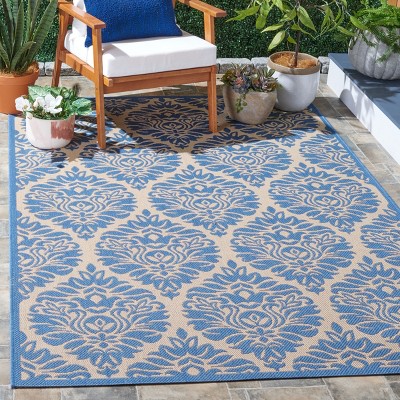 Cream and Blue Geometric Synthetic Square Area Rug 79" x 79"