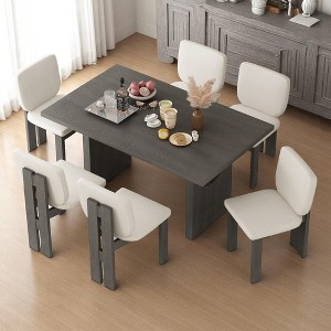 7-Piece Retro Dining Table Set with 6 Upholstered Chairs, MDF & Ash Veneer Table, Farmhouse Dining Set for Kitchen & Dining Room - 1 of 4