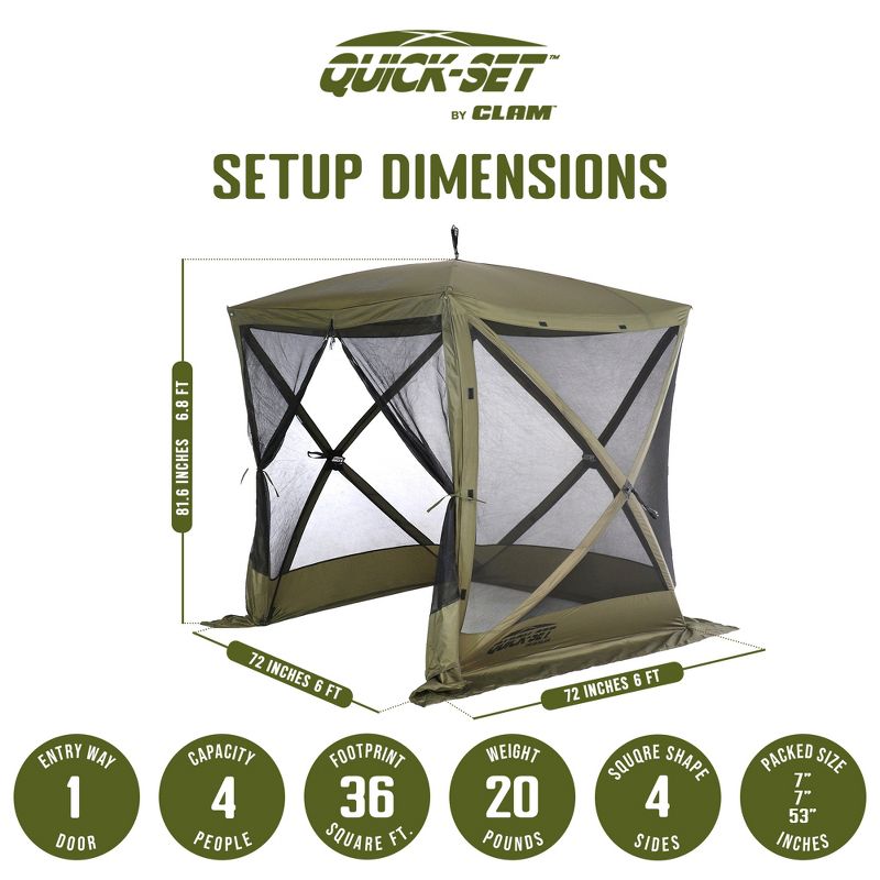 Clam Quick Set Traveler 6 by 6 Foot Portable Pop Up Outdoor Tent Canopy and Carry Bag with 3 Wind and Sun Panels Accessory, Green, 6 of 10