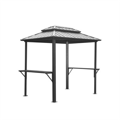 VisioGear Canopies and Gazebos,BBQ Gazebo Outdoor with Shelves Serving Tables, Gazebo Pavilion for Garden, Gray, 97.24"*71.65"*99"