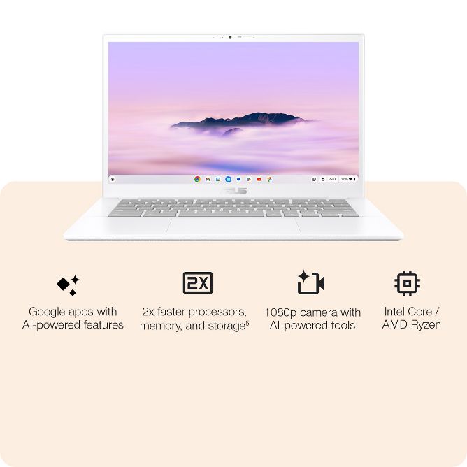 Google apps with AI-powered features
2x faster processors, memory, and storage
1080p camera with AI-powered tools
Intel Core / AMD Ryzen