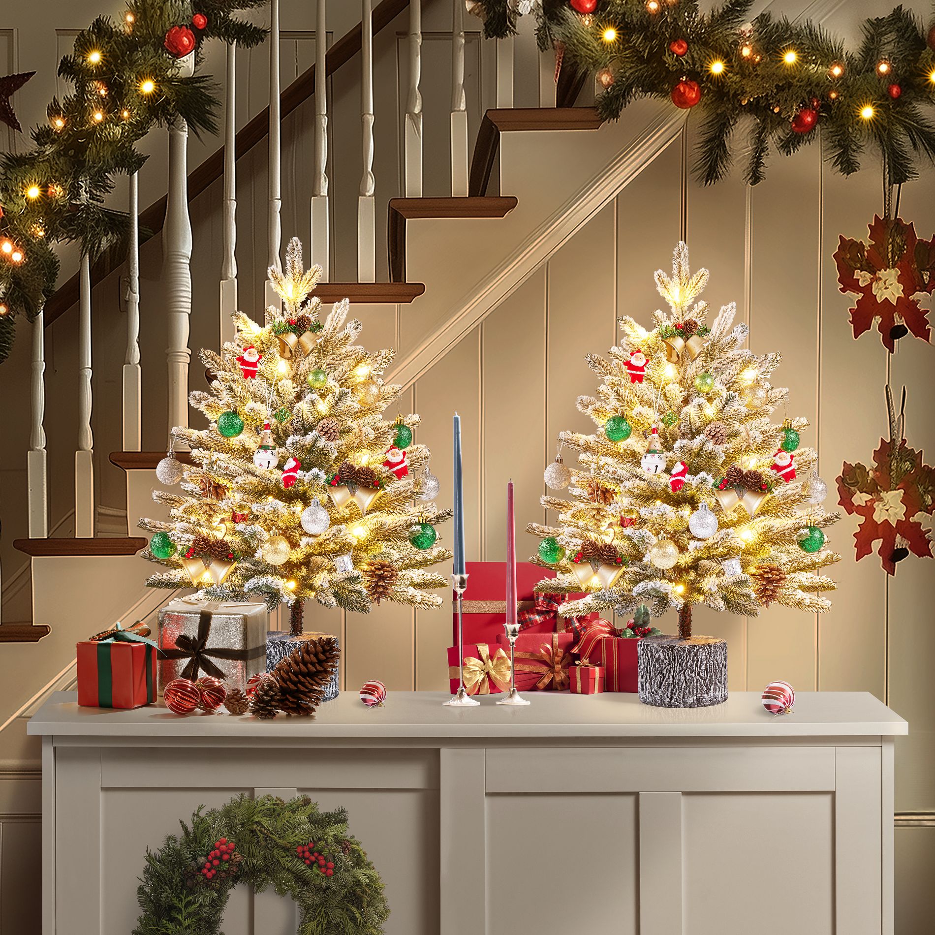 Yaheetech Pre-lit 2ft Potted Flocked Tabletop Christmas Tree with Warm White LED Lights