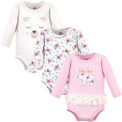 Image of Little Treasure Baby Girl Cotton Long-Sleeve Bodysuits 3pk, Floral Baby Bear, 0-3 Months