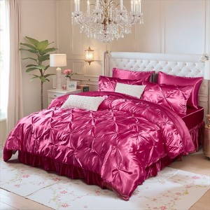 Satin Comforter Set Bed in a Bag – Pinch Pleat Luxury Bedding with Sheets, Pillowcases & Decorative Covers, Soft Silky Quilt - 1 of 4