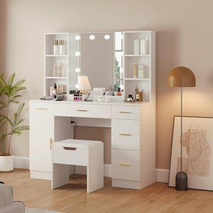 Modern Vanity Desk Table With Mirror and Lights,Built-in Power Outlet  with Drawers & Cabinets,Open Storage,Vanity Table With Stool for Bedroom - 1 of 4