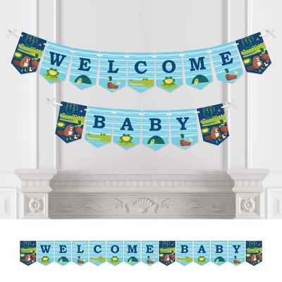 Big Dot of Happiness Pond Pals - Frog, Alligator, Turtle, Beaver and Duck Baby Shower Bunting Banner - Party Decorations - Welcome Baby