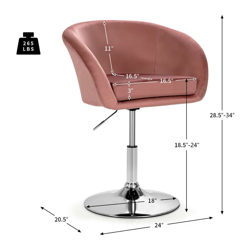 Costway Modern Velvet Chair Height Adjustable Bar Stool Swivel Makeup Seat, 3 of 11