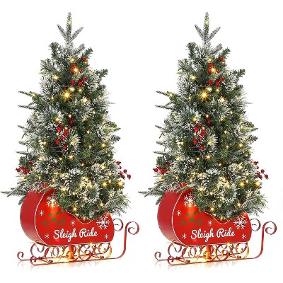 Pre-Lit 3ft Christmas Tree w/Led Lights,Artificial Mini Tree with Realistic Spruce Tips & Sleigh Base for Indoor Home and Office Decoration