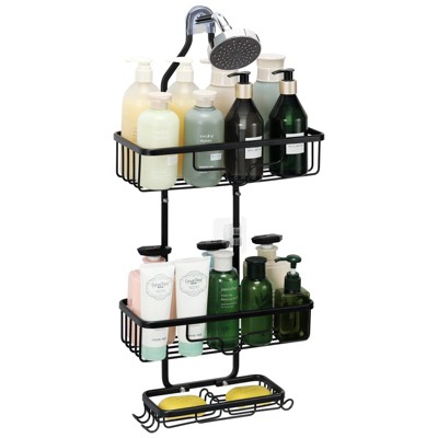 Oumilen Shower Caddy Over Shower Head, Hanging Rustproof Organizer with Hooks and Soap Basket, Black