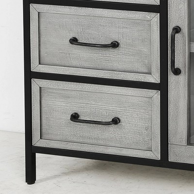 Gray and Black Wood and Metal Cabinet with One Door and Three Drawers
