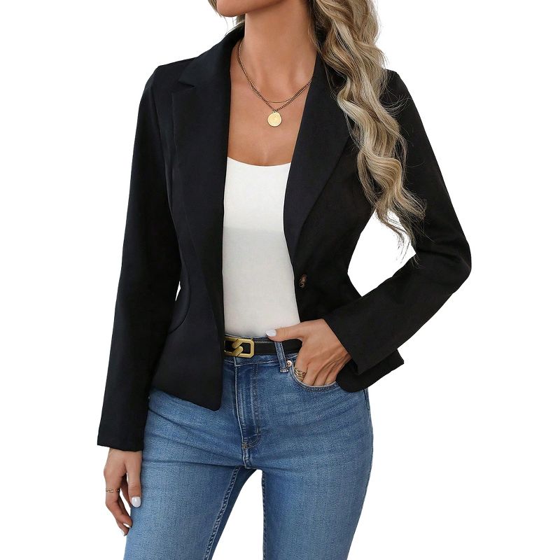 Women Lapel Single Button Cropped Blazer Long Sleeve Fitted Waist Casual Office Tailored Jacket Black L