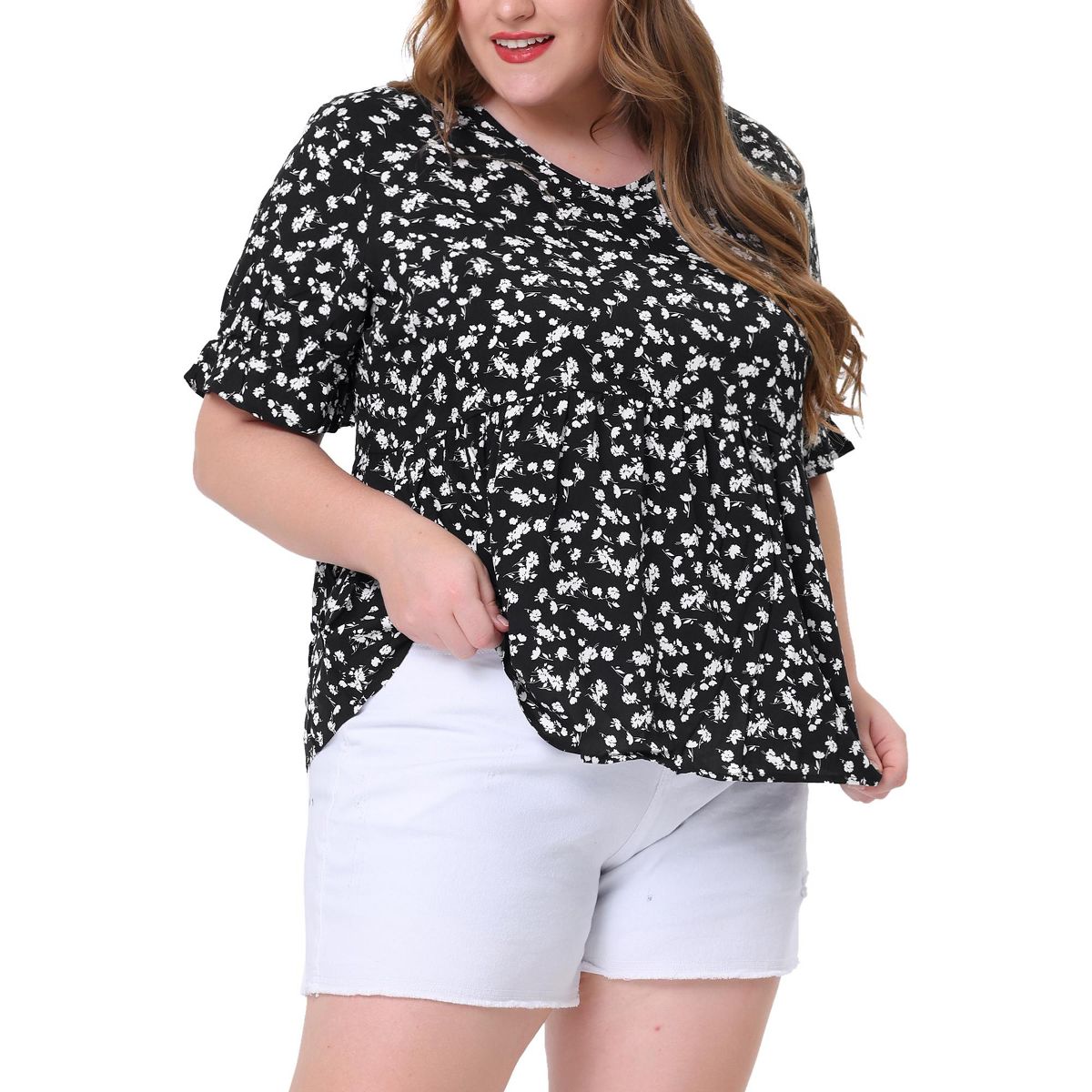 Women's Plus Size Floral Pleated V Neck Short Sleeve Tiered Babydoll Blouses - Agnes Orinda