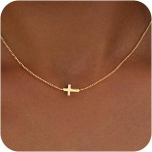 Dainty Gold Cross Necklace for Women, 14K Gold Plated Small Pendant Choker cross necklace - 1 of 4