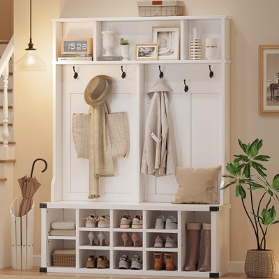 4-in-1 Hall Tree Bench with Shoe Storage, Coat Rack & Shelf - Entryway Organizer with Hooks for Bedroom, Living Room