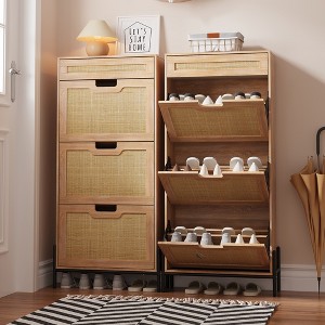 Natural Rattan 3 Flip Drawers Shoe Cabinet, Narrow Shoe Storage Cabinet with 3-Tier Adjustable Shelves, Freestanding Shoe Rack Organizer - 1 of 4