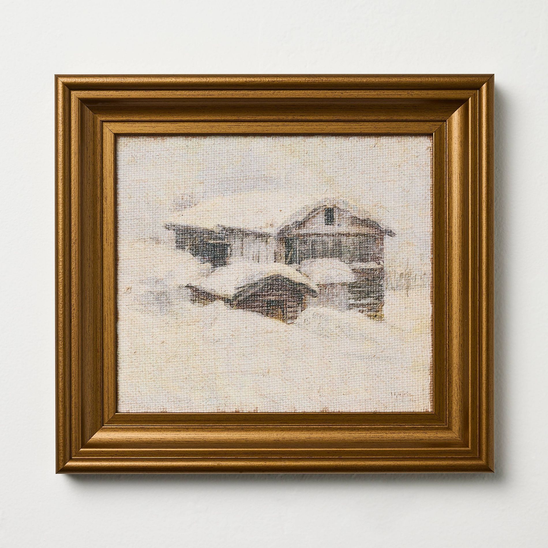 10"x11" Snowy Cabin Burlap Framed Wall Art - Hearth & Hand™ with Magnolia