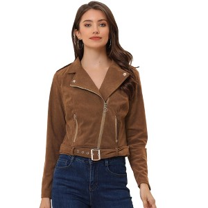 Allegra K Women's Notched Lapel Zip Up Long Sleeve Motorcycle Corduroy Jacket - 1 of 4