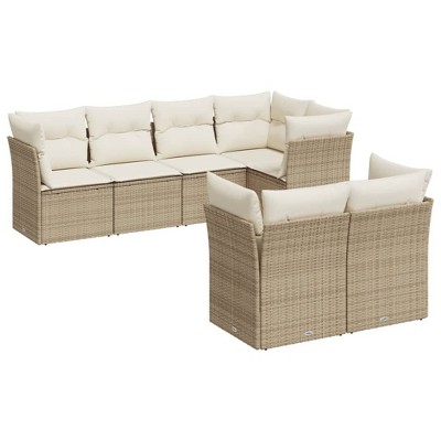 vidaXL Patio Sofa Set with Cushions Outdoor Furniture 7 Piece Poly Rattan - Beige and Cream