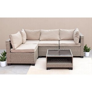 7-Piece Outdoor Sectional Wicker Sofa Set with Glass Coffee Table, Modular Design, Water-Resistant Cushions & All-Weather PE Rattan – Brown - 1 of 4