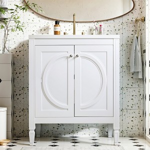 Vynxaria 30" No-Installation Bathroom Vanity (White Matte), Solid Wood/MDF, Ceramic Integrated Sink, Soft-Close Doors - 1 of 4