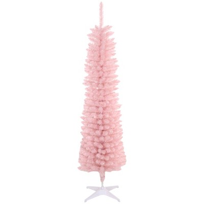 HOMCOM 6ft Tall Pencil Prelit Artificial Christmas Tree Holiday Décor with 360 Colorful Surface Branches, 200 Colorful LED Lights, Pink