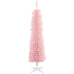 HOMCOM 6ft Tall Pencil Prelit Artificial Christmas Tree Holiday Décor with 360 Colorful Surface Branches, 200 Colorful LED Lights, Pink - 1 of 4