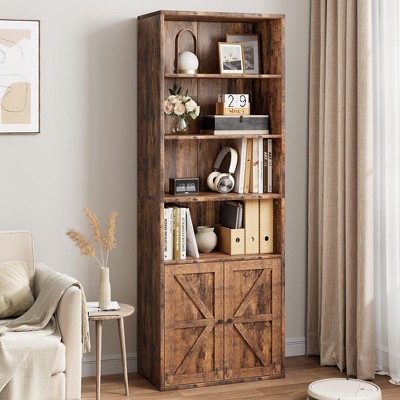 Bookcase with Doors Industrial Bookshelf 11.8in Depth Display Storage Shelves 71.4in Tall Farmhouse Bookcases