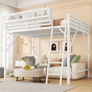 KWPZQEB Loft Bed with Stairs, Heavy Duty Metal Loft Bed Frame with Storage Shelf & Guardrail for Teens, Space Saving Design, Easy Assembly - 1 of 4