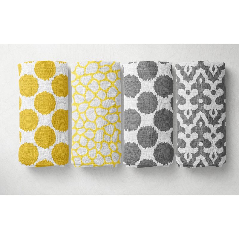 Bacati - Ikat Dots Giraffe Yellow Grey Neutral 10 pc Crib Set with 2 Crib Fitted Sheets 4 Muslin Swaddling Blankets, 5 of 10