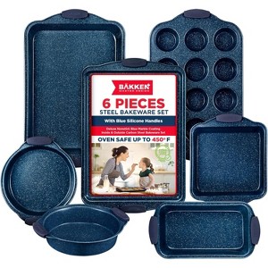 BAKKEN Kitchen Baking Pan Set - Nonstick Coating, Carbon Steel Bakeware Sets with Blue Silicone Handles, Oven Safe Tray (Up To 450° F), Set of 6 - 1 of 4