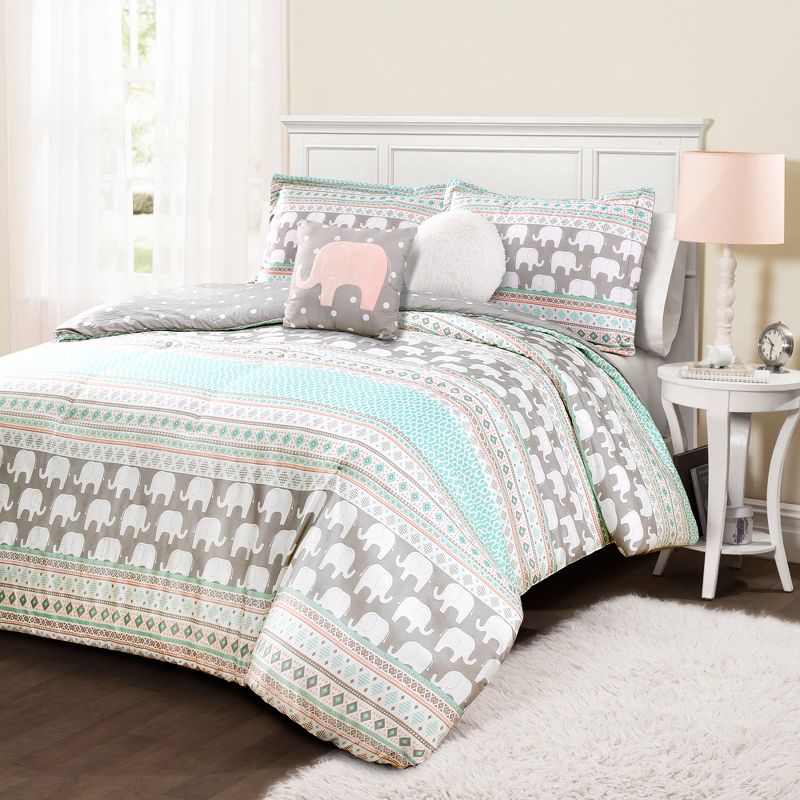 Elephant Striped Comforter Set with Elephant Throw Pillow Turquoise/Pink - Lush Décor, 3 of 9