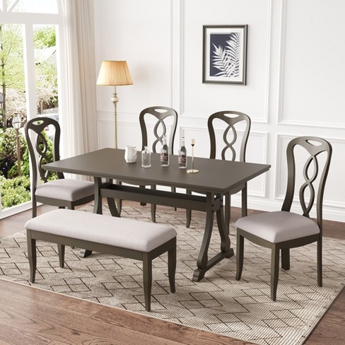 Whisen Retro 6-Piece Trestle Dining Table Set with 4 Upholstered Dining Chairs and Dining Bench - image 1 of 4