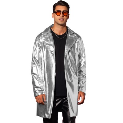 Lars Amadeus Men's Metallic Disco Party Long Trench Coat with Belt